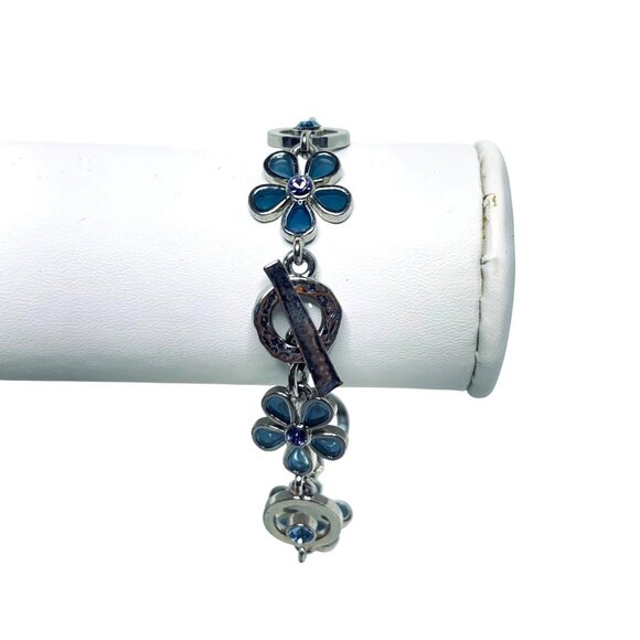 M4M Silver Tone And Blue Rhinestone Floral Link Bracelet Signed 7 1/2” (5920) - Picture 5 of 9